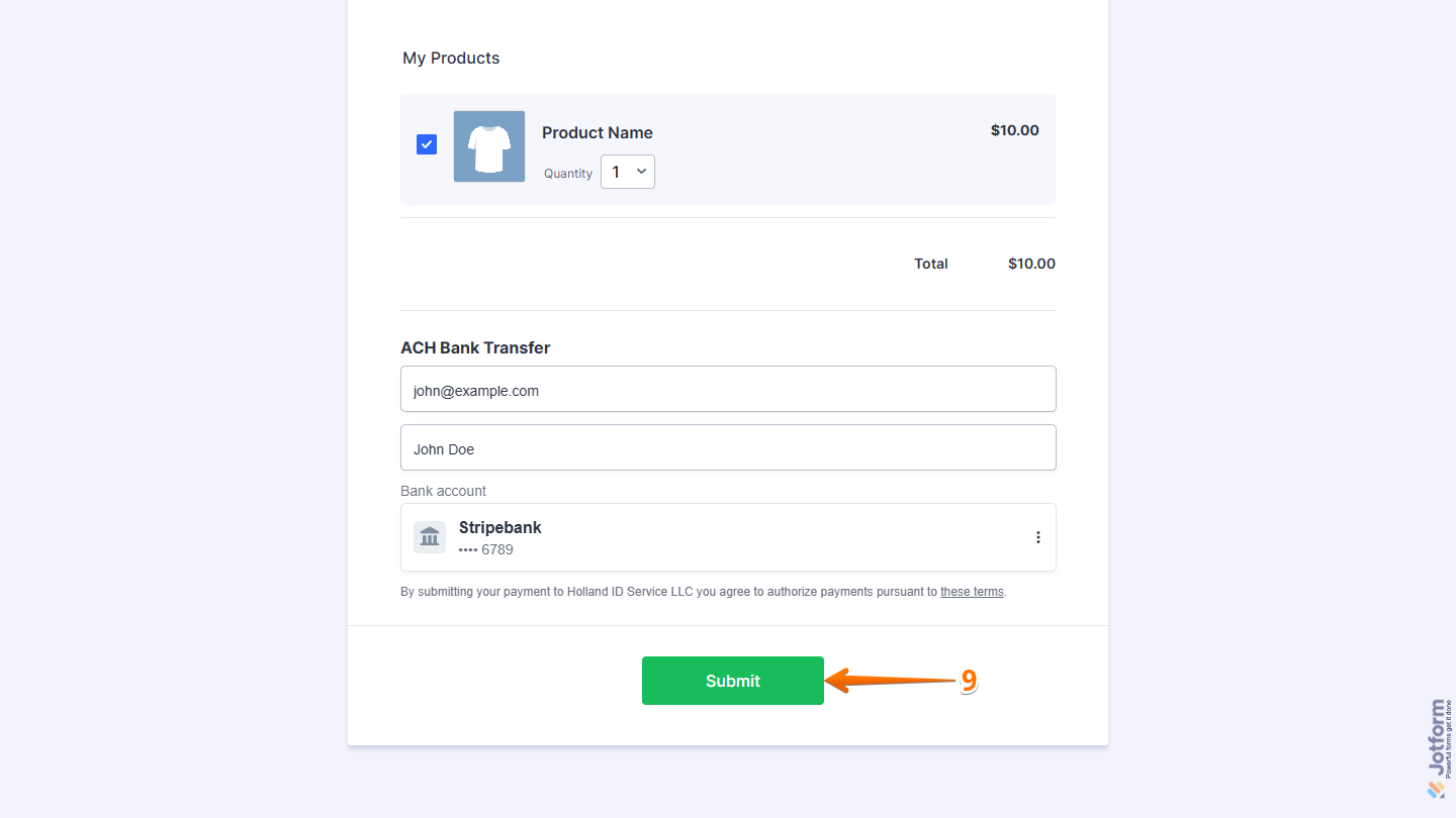 Submit button in the form for ACH Bank Transfer payment