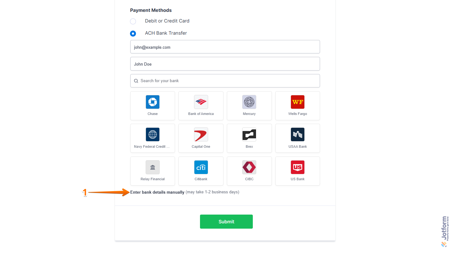 Enter bank details manually option in the Stripe ACH payment form