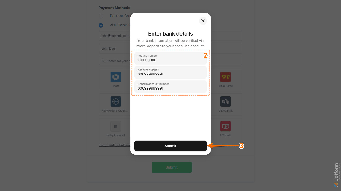 Enter bank details in Stripe ACH Bank Transfer payment
