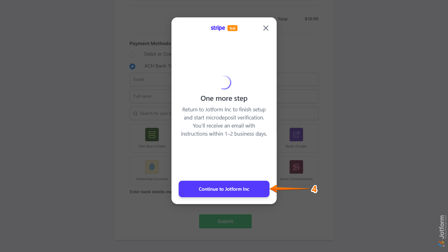 Continue to Jotform Inc button in Stripe ACH Bank Transfer payment
