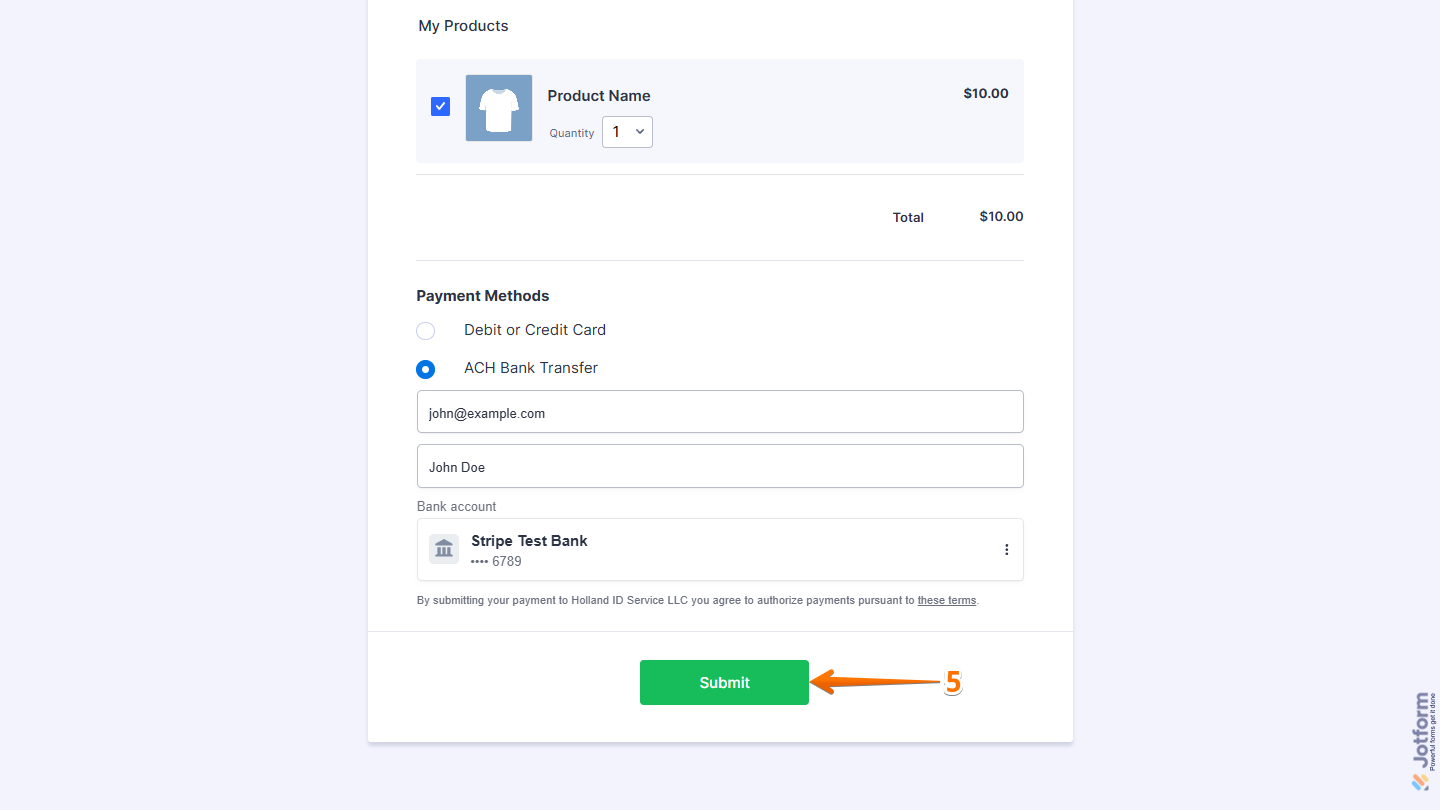 Submit button in the Stripe ACH Bank Transfer payment form