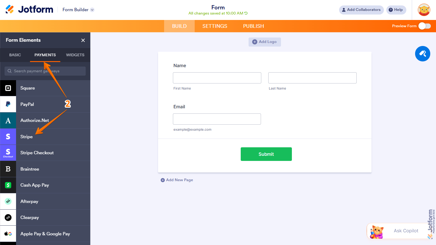 Stripe payment in the Form Elements menu in Jotform Form Builder