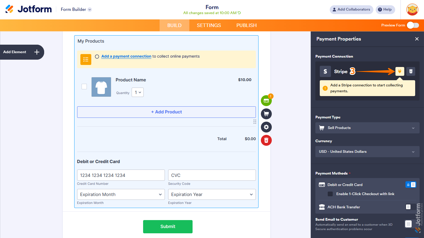 Plug icon to setup payment in Stripe Payment Properties menu