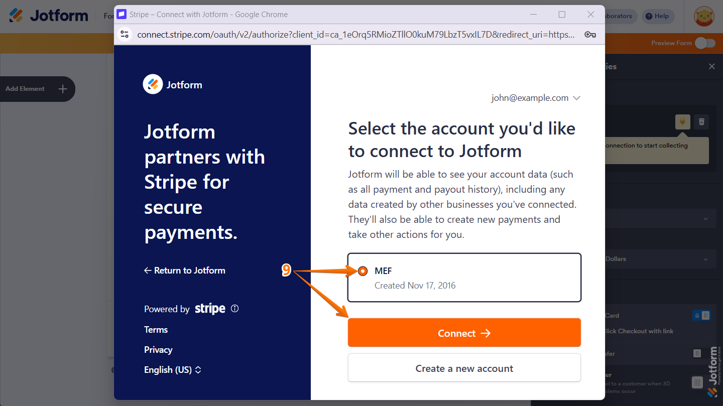 Select account in Stripe login window