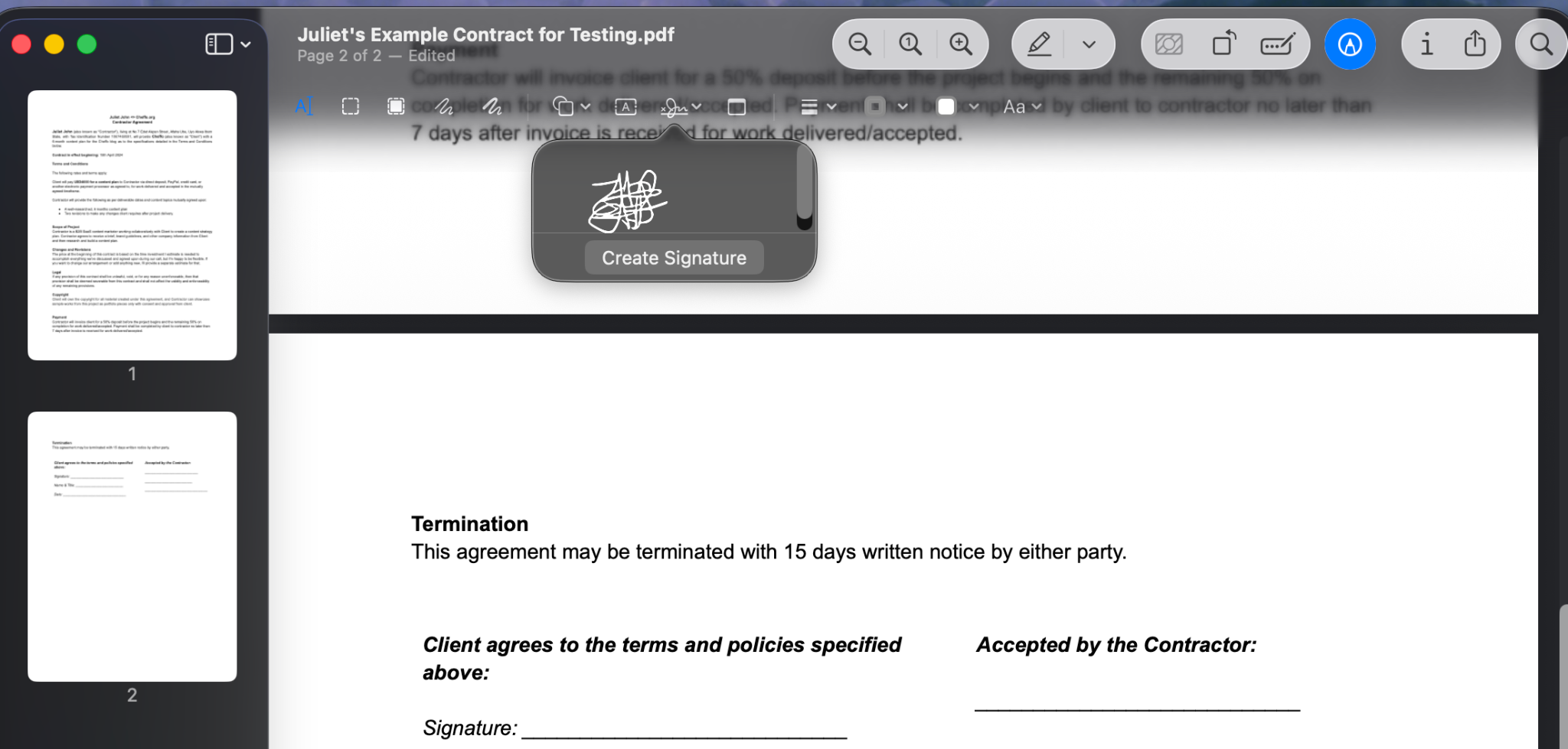 Saved signature shown in the Sign menu in Preview