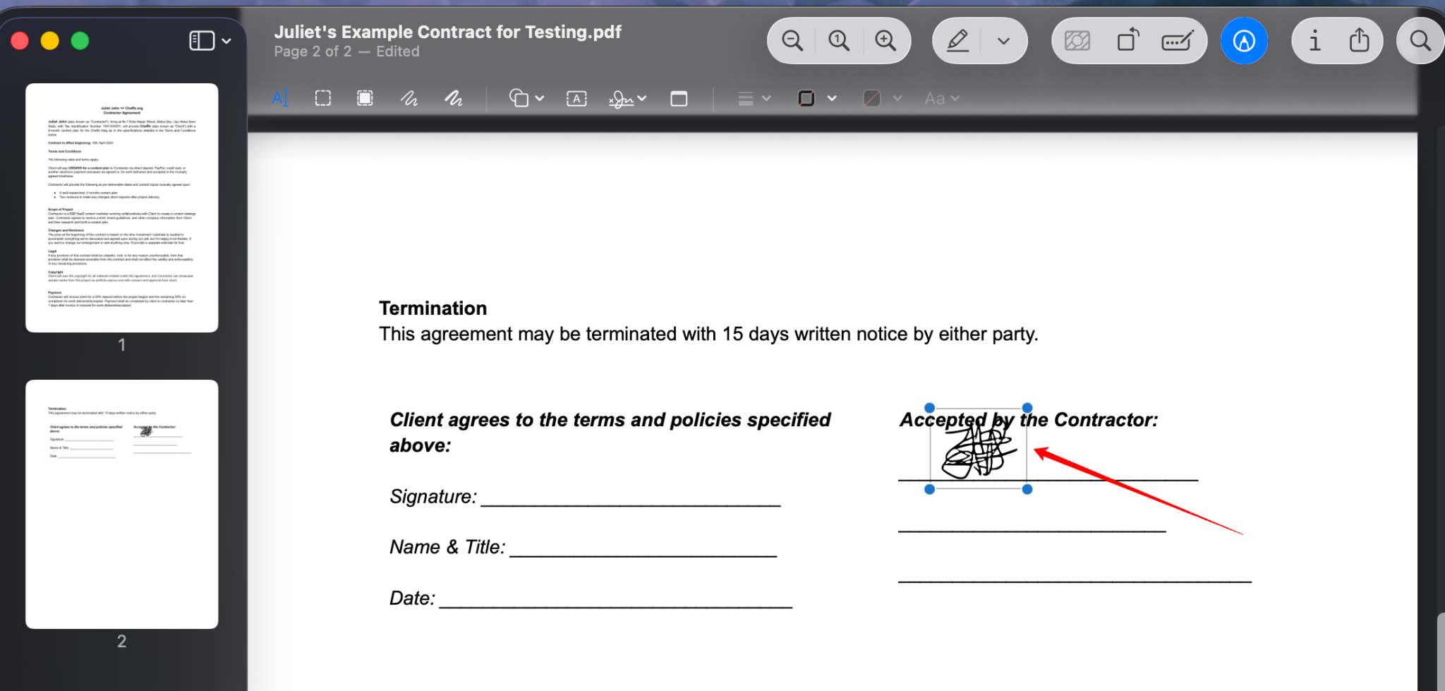 Signature placed on a PDF document in Preview