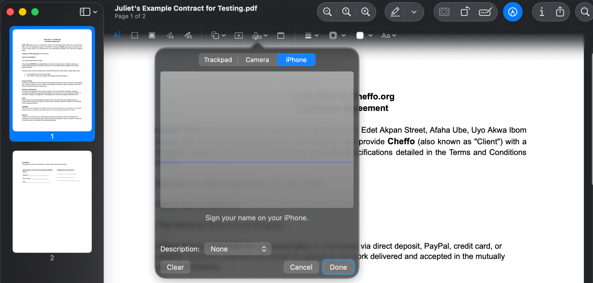 iPhone option selected in the signature window