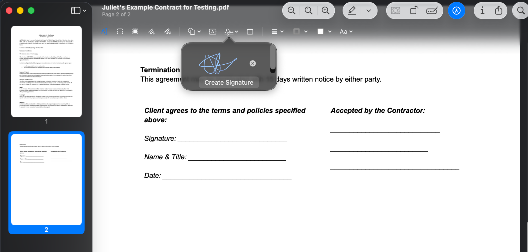 Saved mobile signature shown in the Sign menu on Mac