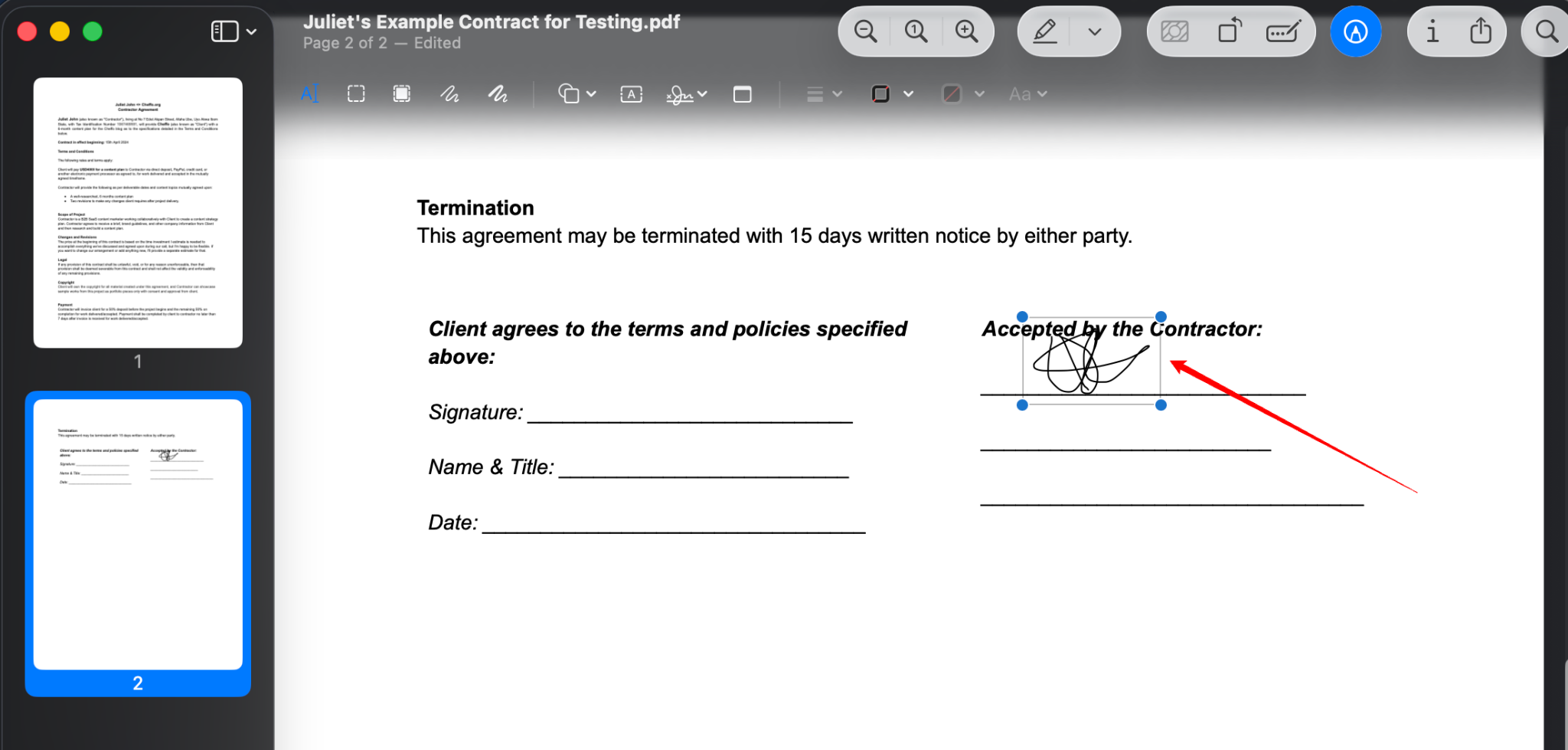 Signature inserted into a PDF in Preview