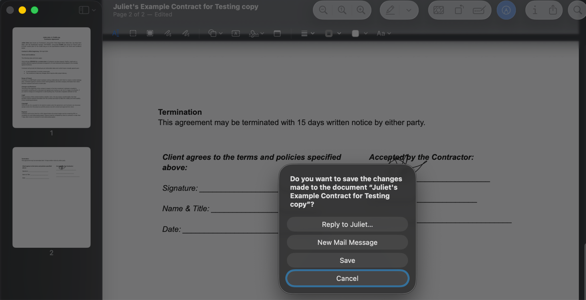 Save confirmation dialog for a signed PDF in Preview