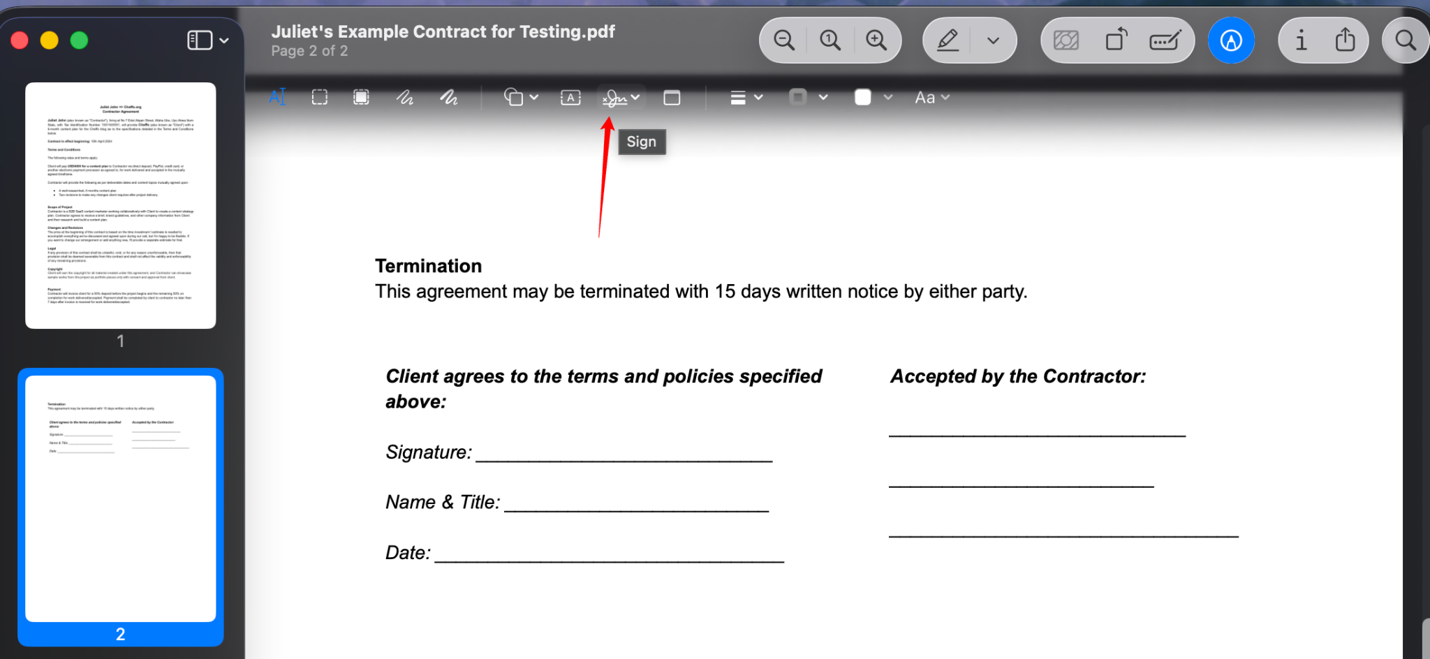 Sign icon selected in the Preview markup toolbar