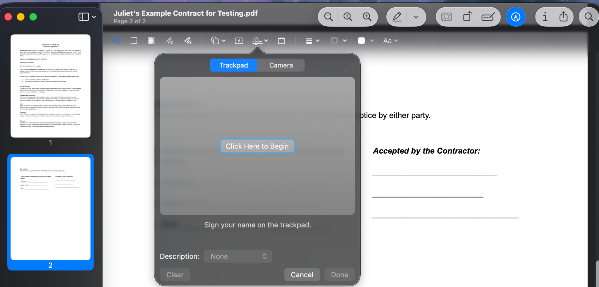 Create Signature window showing the Trackpad option