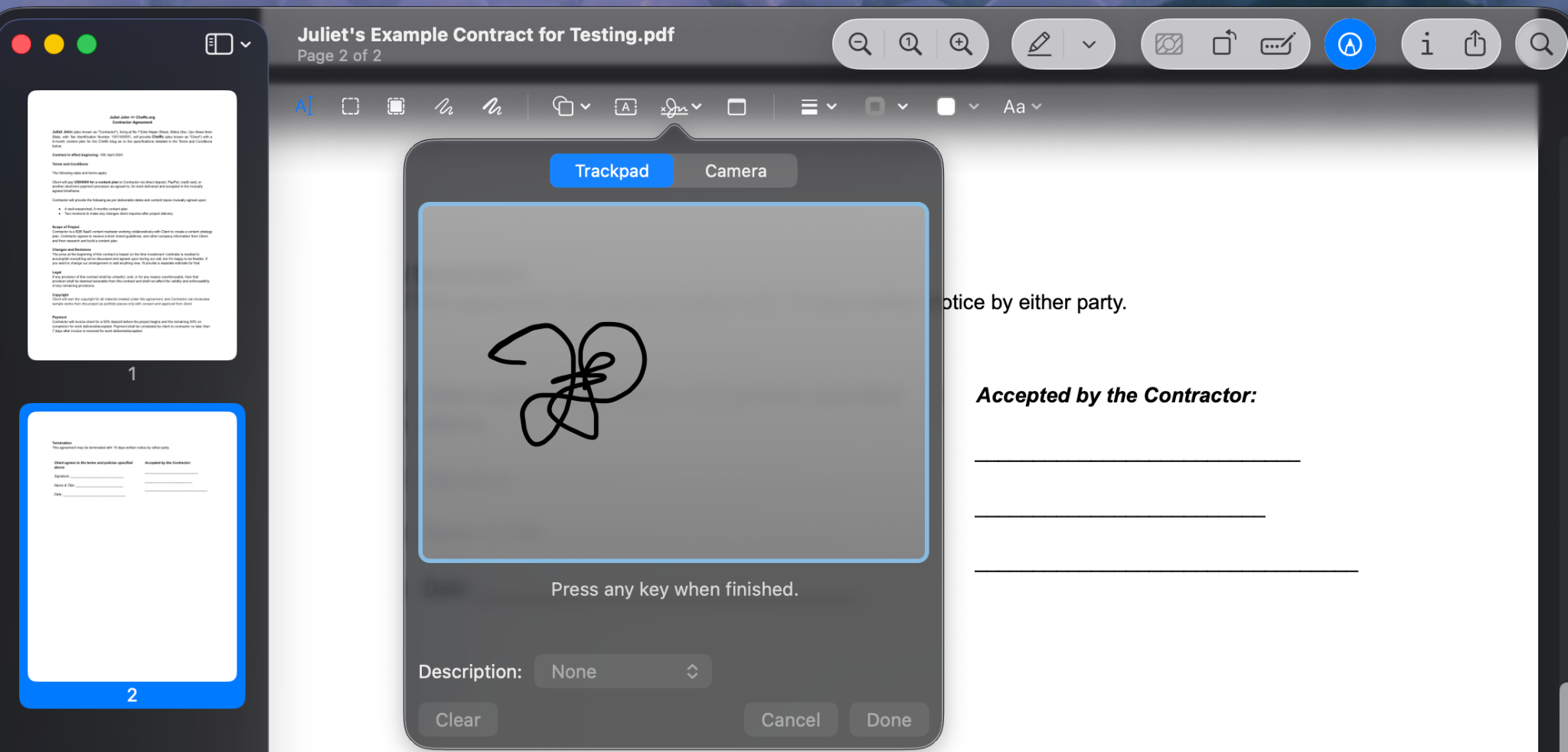 Signature drawn on the trackpad in Preview