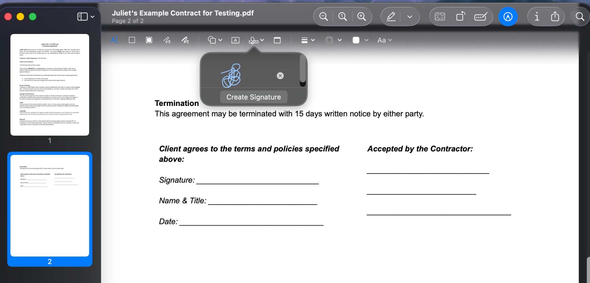 Saved signature selected from the Sign menu in Preview