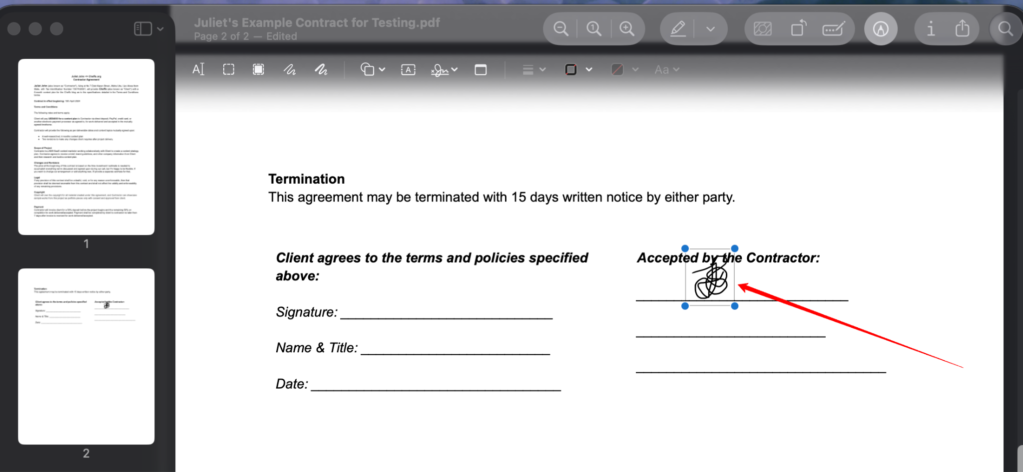 Signature placed on a PDF document in Preview