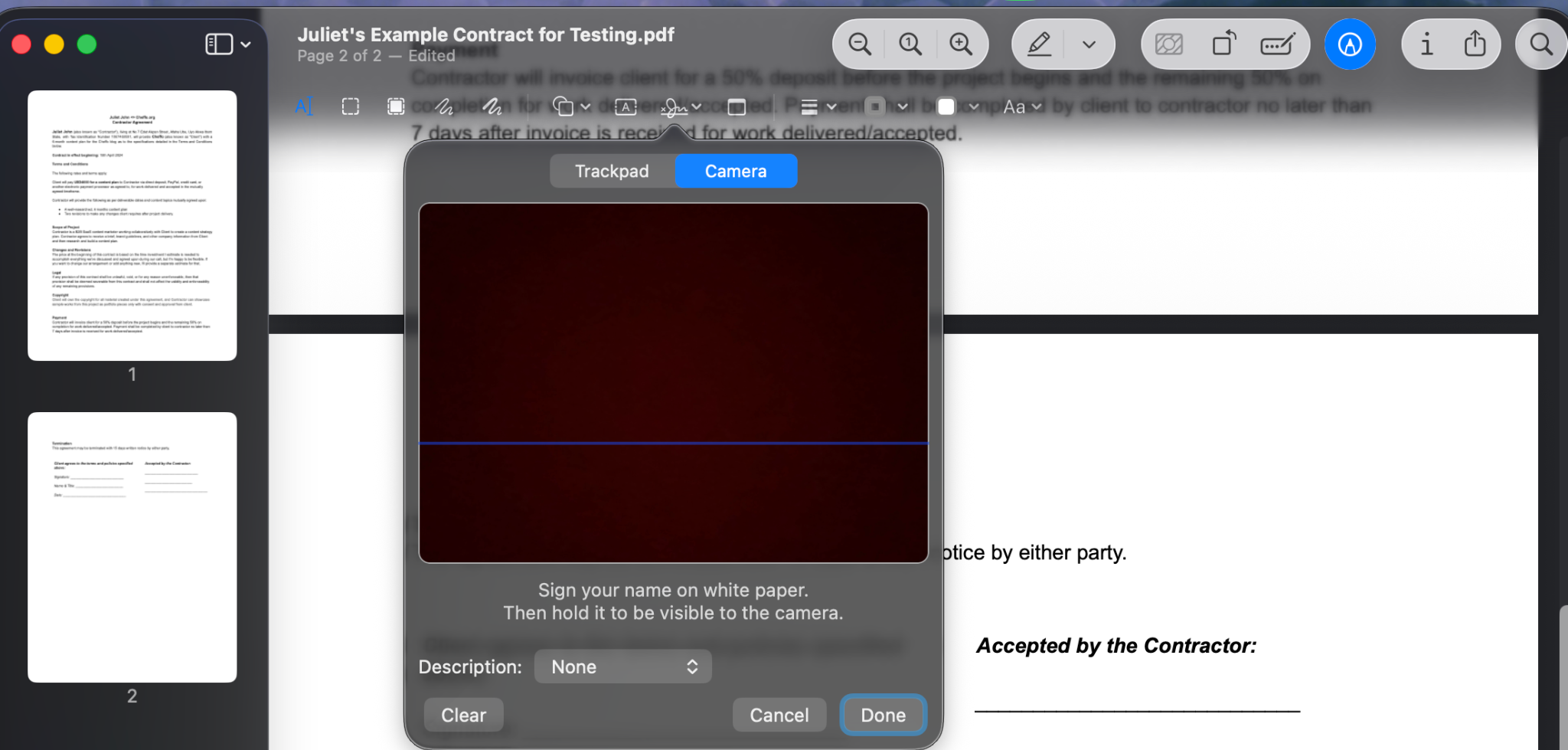 Camera option selected in the signature window