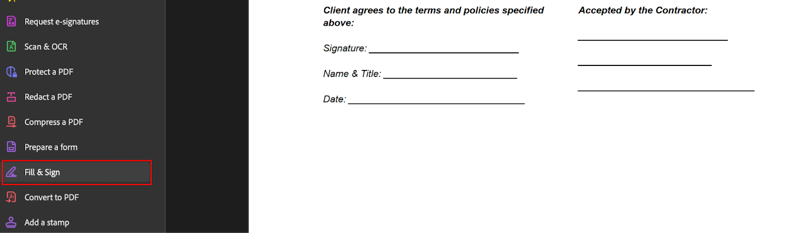 Adobe Acrobat Reader Fill & Sign Button