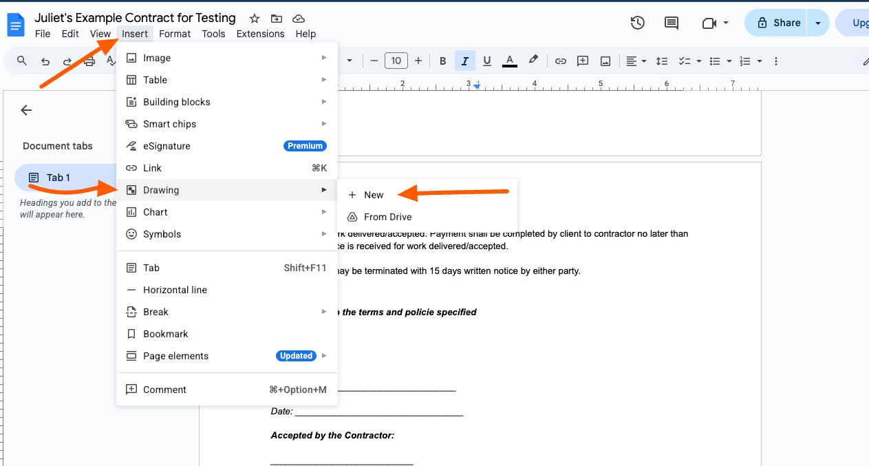 Google docs Insert Dropdown Drawing Option