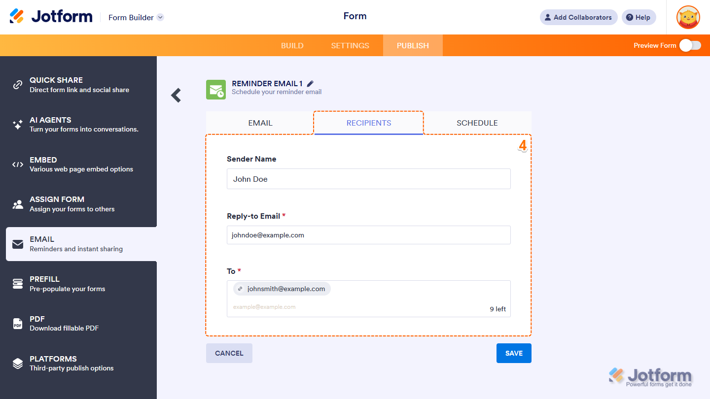 Editing the Email Subject and Email Content fields under the Email tab when setting up a scheduled reminder email in Jotform