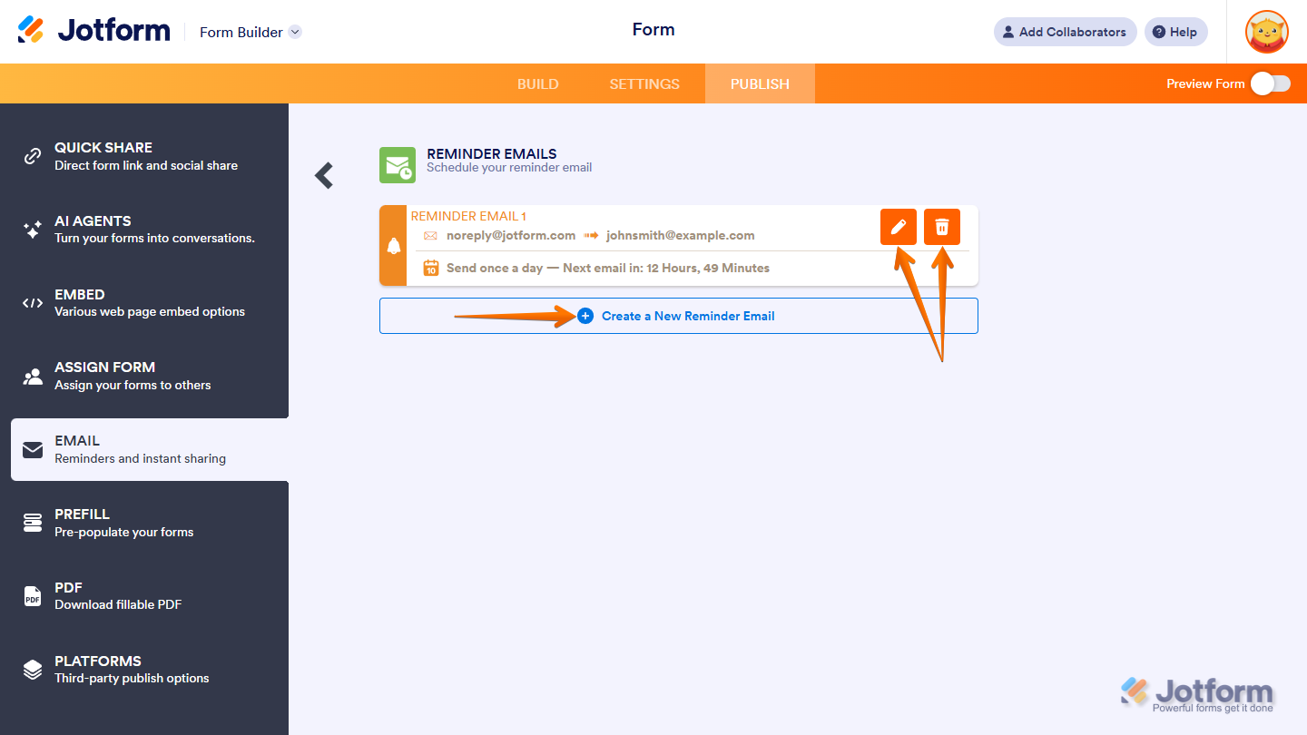 Viewing the list of scheduled reminder emails in Jotform with options to create, edit, or delete reminders