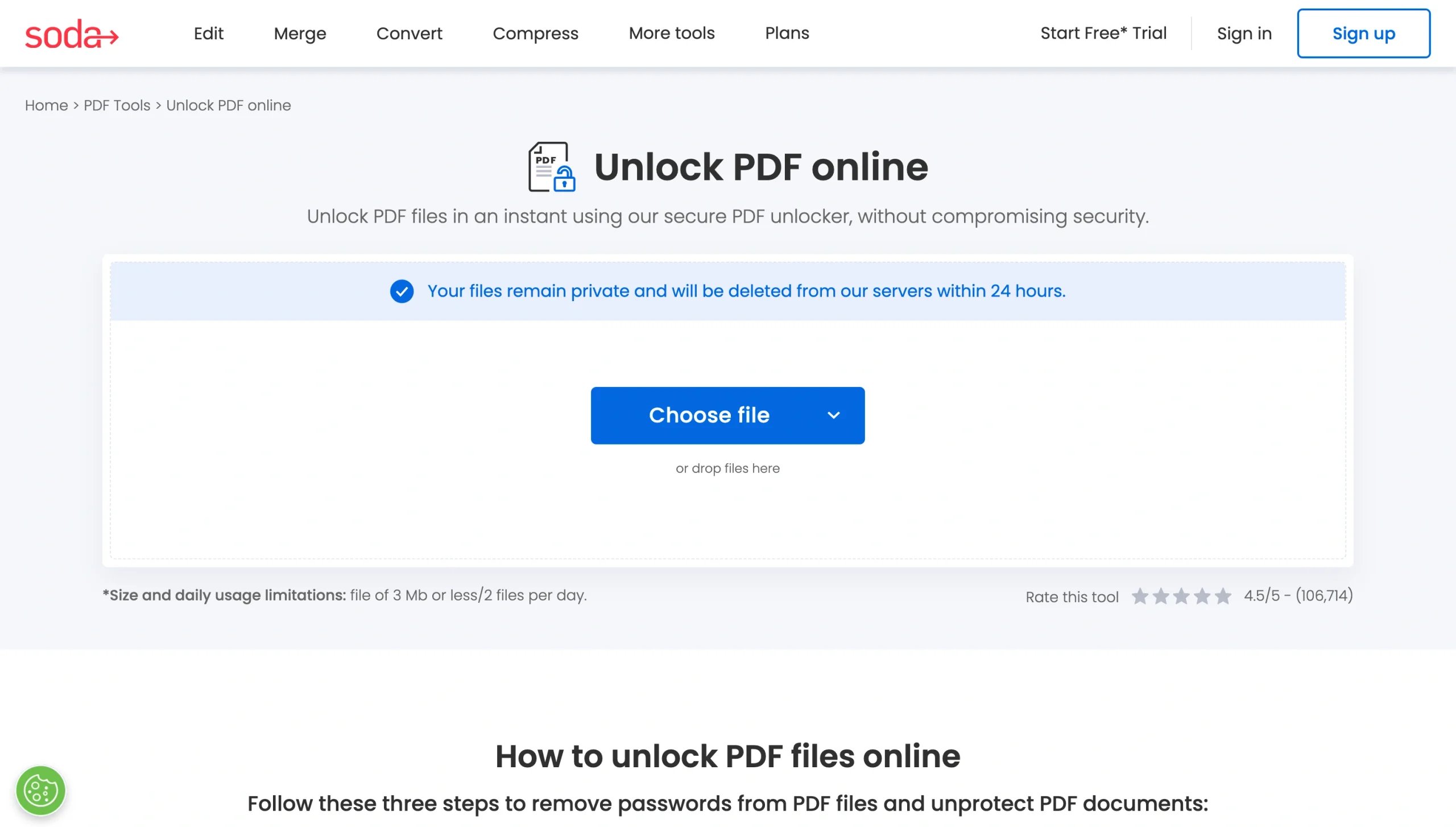 Soda PDF Unlock PDF page with file chooser and privacy notice