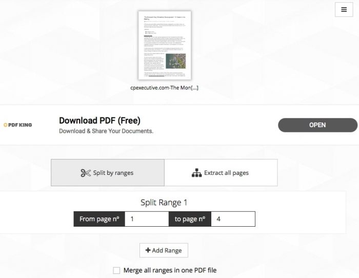 split PDF files in iLovePDF "split by ranges"