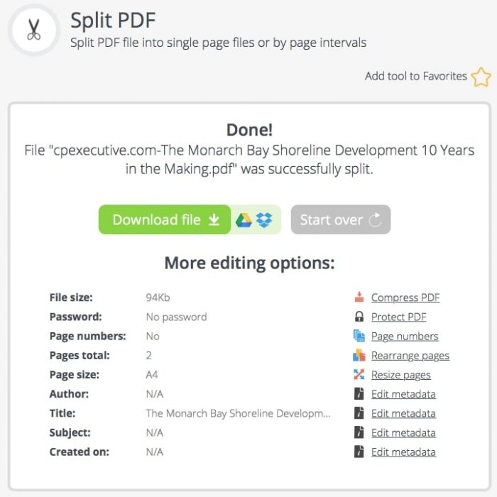 split PDF files in free online PDF Candy step 3