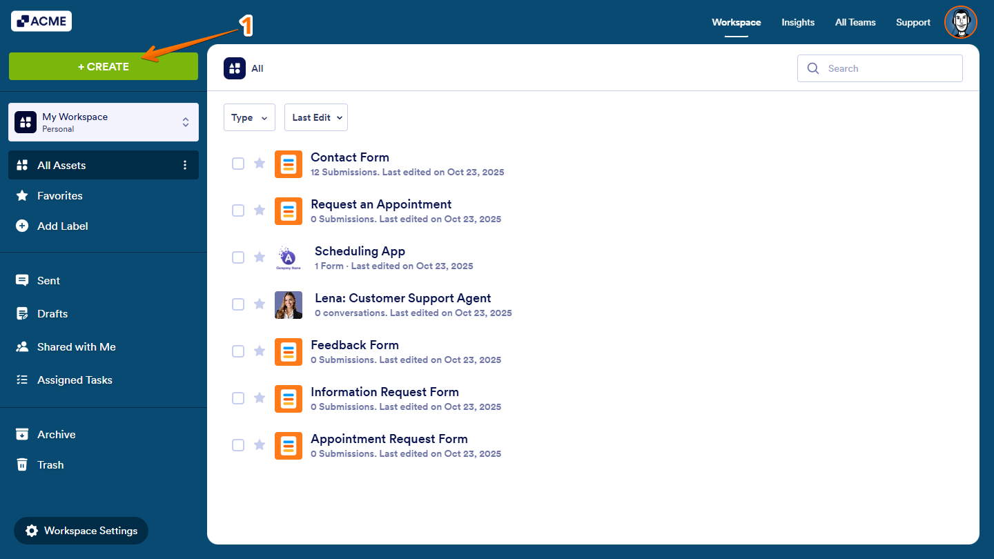 Create button in Workspace page