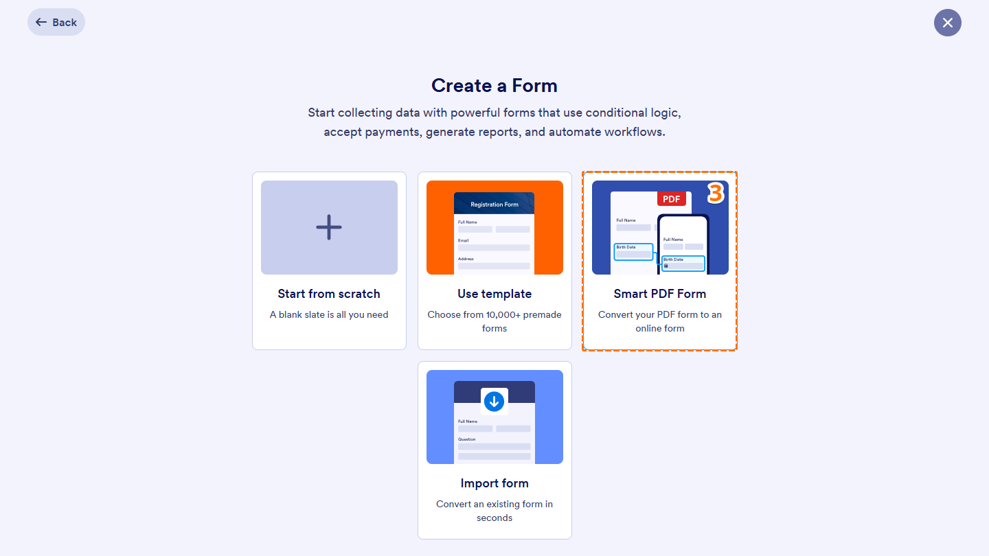 Smart PDF Form option of the Form option when the Create button in Workspace is clicked
