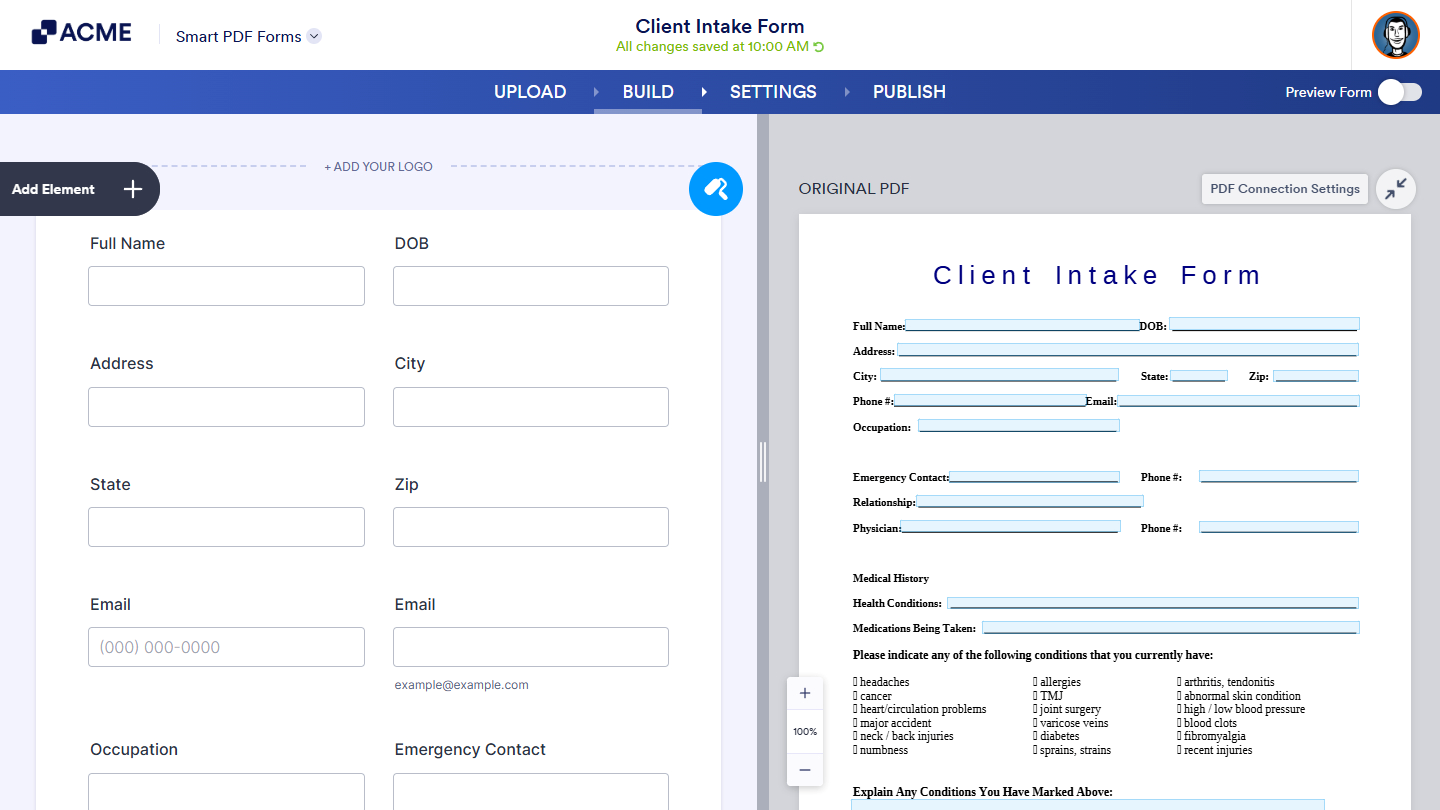 Imported PDF displayed in Smart PDF Form Builder with automatically generated online form fields