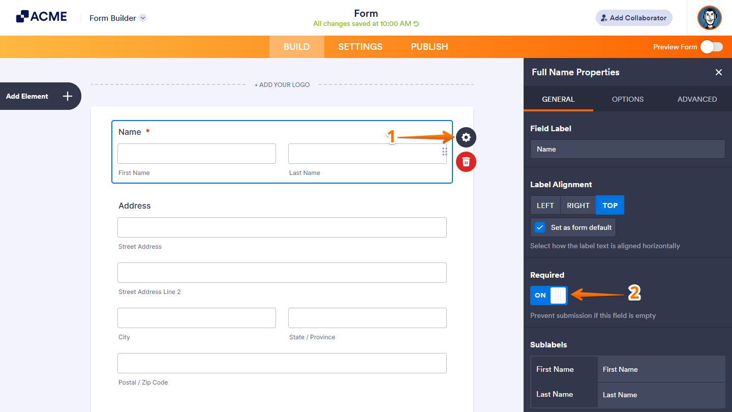 Required toggle in the Element Properties panel
