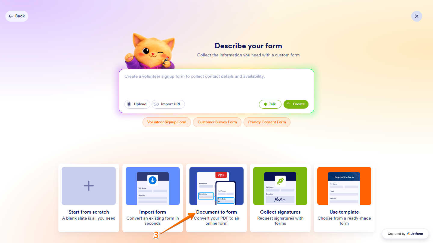 Jotform Create Form menu displaying the Document to Form option for creating a form from a document