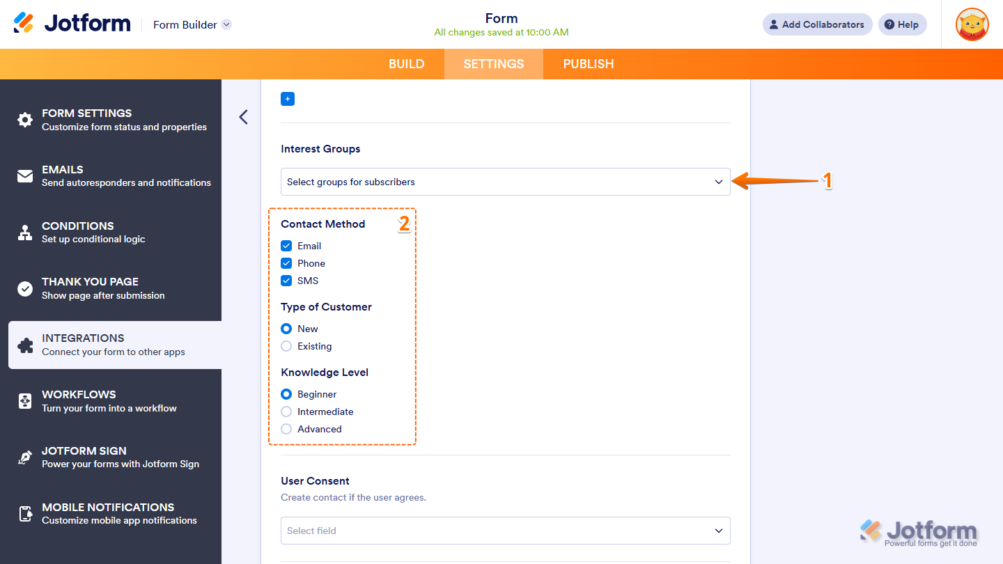 Select group for subscribers option from the Interest Groups dropdown menu in Mailchimp integration settings