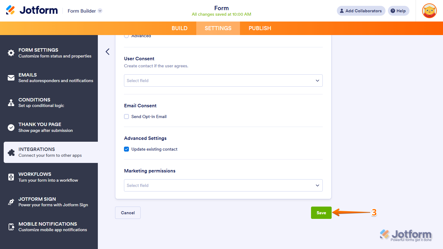 Save button in Mailchimp integration settings