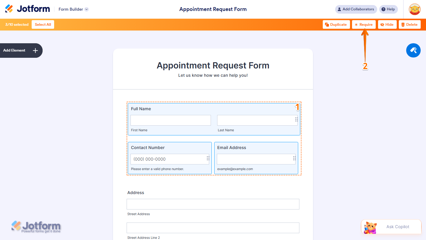 Jotform Form Builder showing multiple selected elements and the Require option in the top toolbar, used to make all selected fields mandatory at once