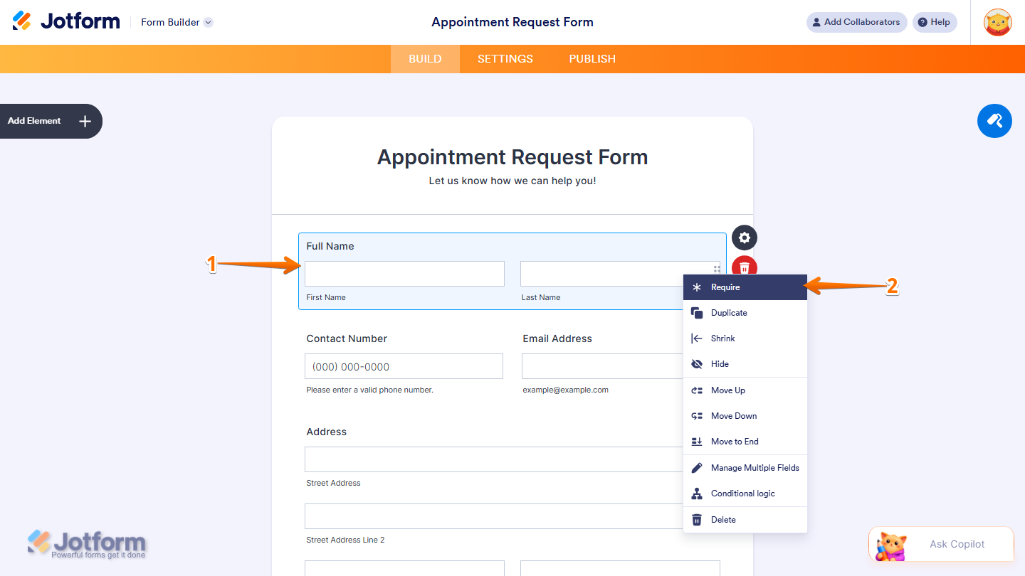 Jotform Form Builder showing a selected form element with its right-click context menu open and the Require option available to make the field mandatory