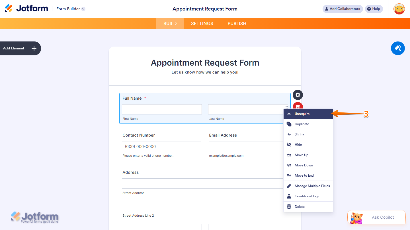 Jotform Form Builder context menu displaying the Unrequire option for a field that is already required, allowing the field to be made optional