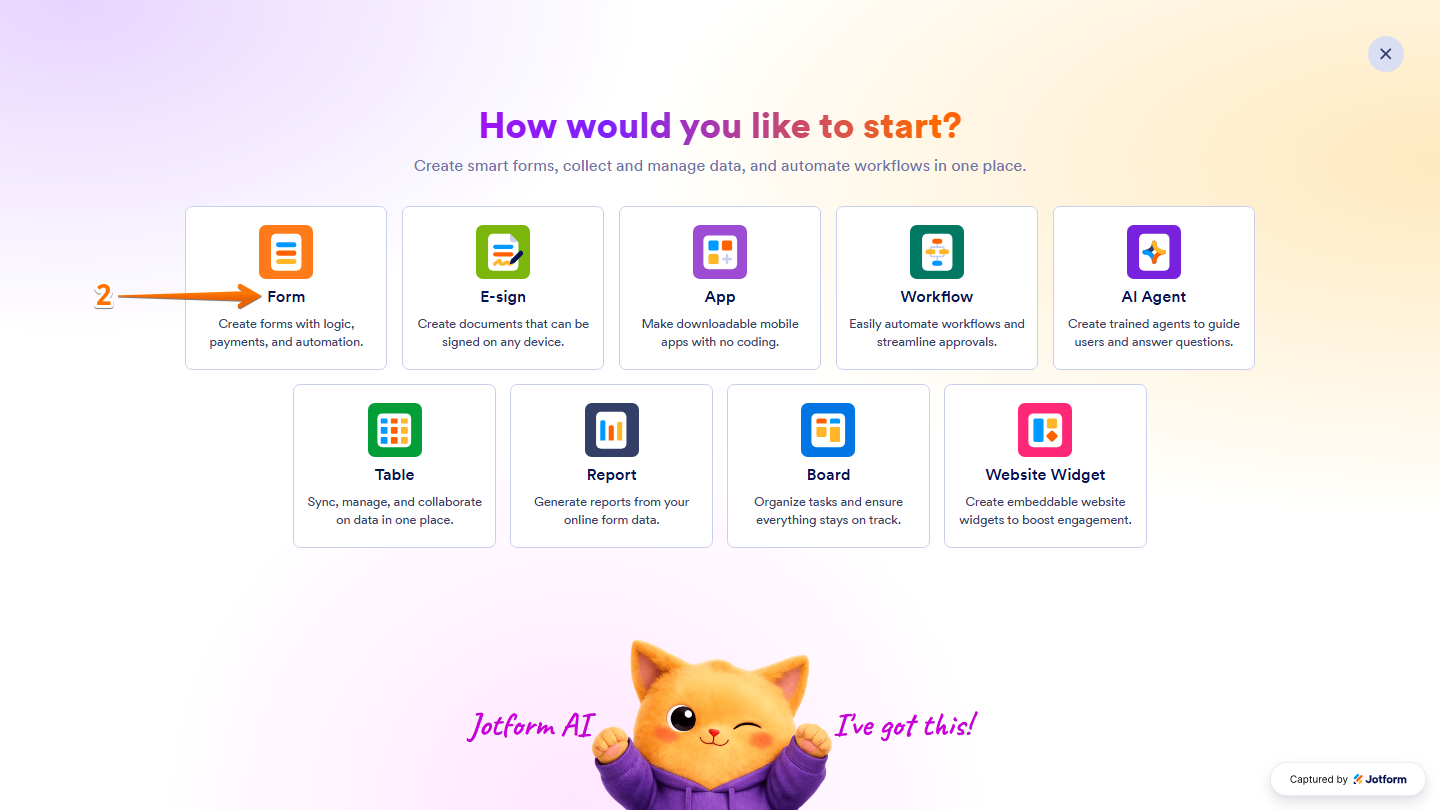 Jotform Workspace page displaying the Create menu with the Form option