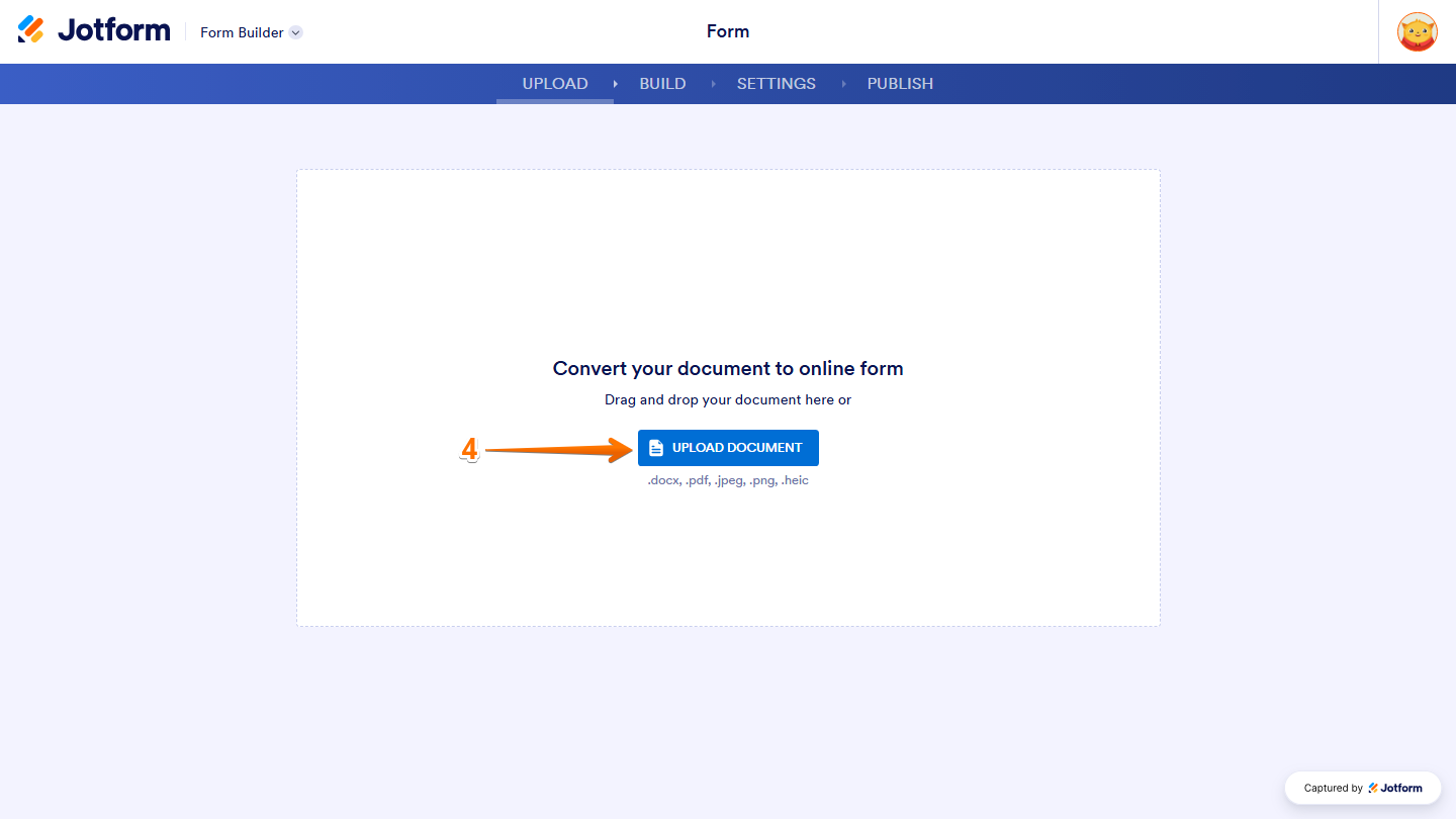 Jotform Document to Form page displaying the Upload Document button for uploading a PDF file