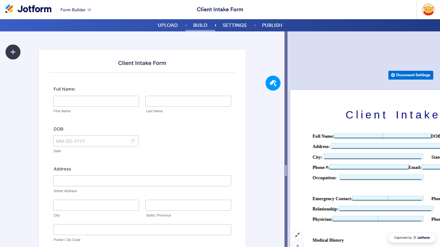 Jotform Document to Form interface displaying the imported PDF document alongside the online form generated from it