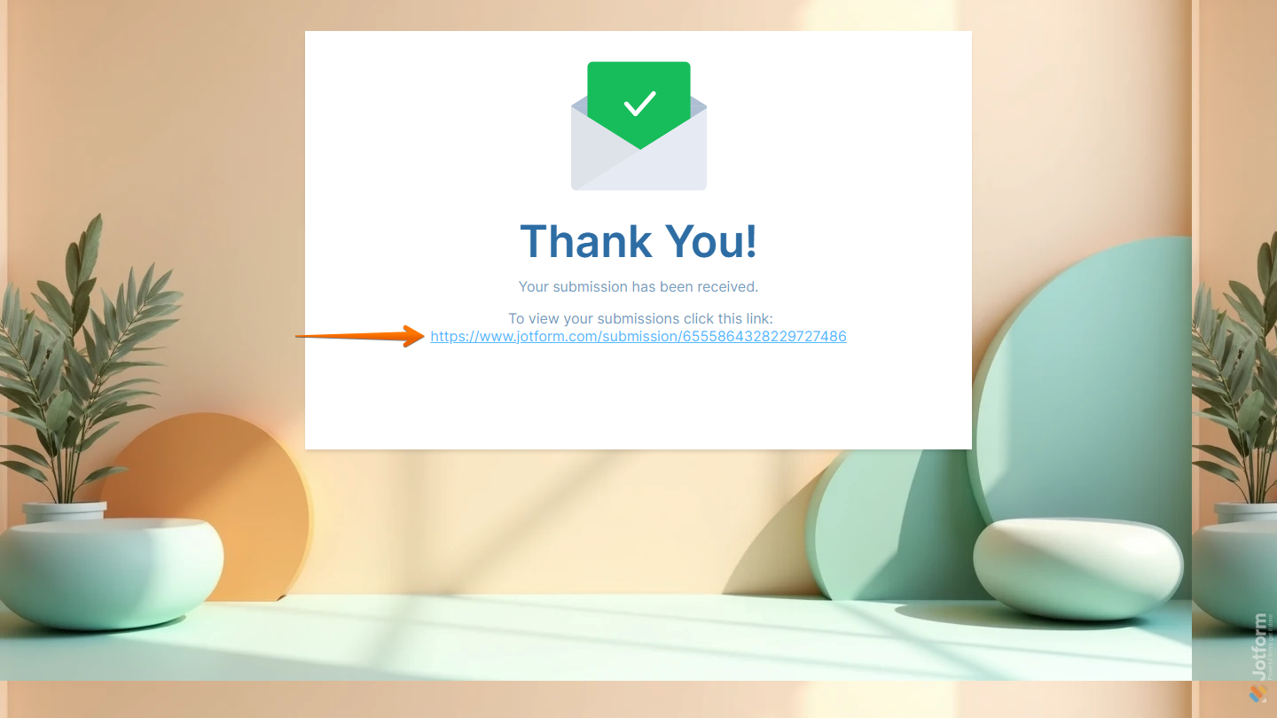 Thank You Page showing submission link available after form completion in Jotform