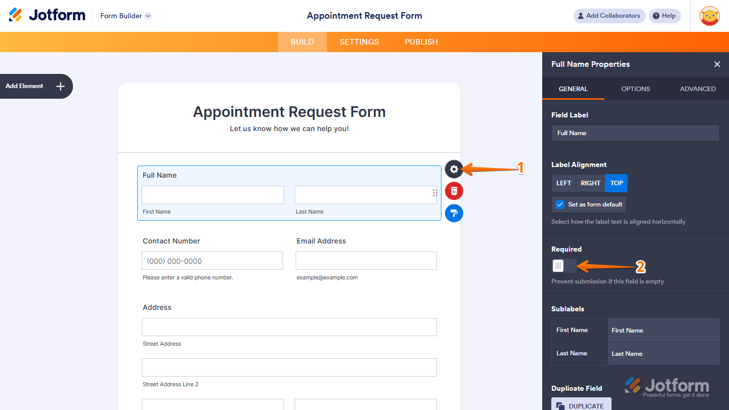 Jotform Element Properties menu under the General tab with the Required toggle enabled, making the selected form field mandatory