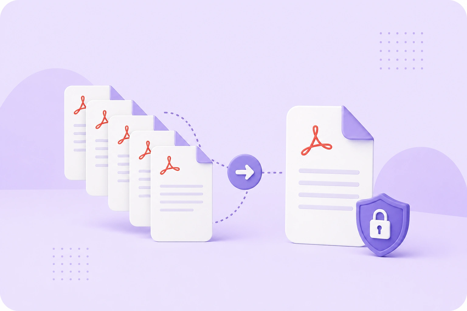 Multiple PDF documents merging into one file beside a security shield on a purple background.