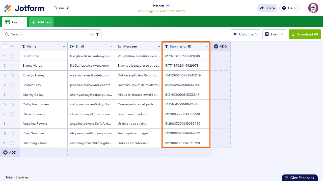 The Submission ID column in Jotform Tables Screenshot 21