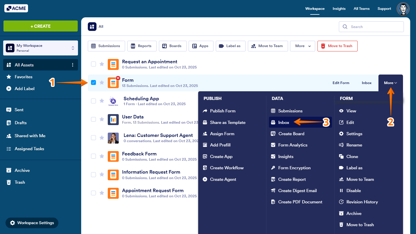 Inbox option under the Data column when opening More options