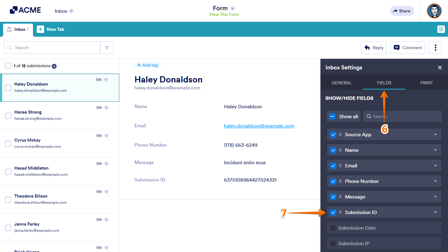 Submission ID option in Fields settings in Inbox
