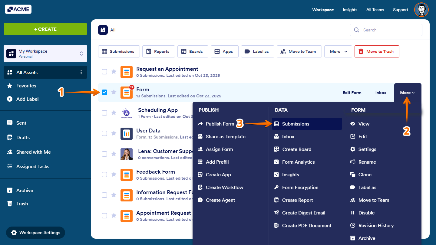 Submissions option under the Data column when opening More options