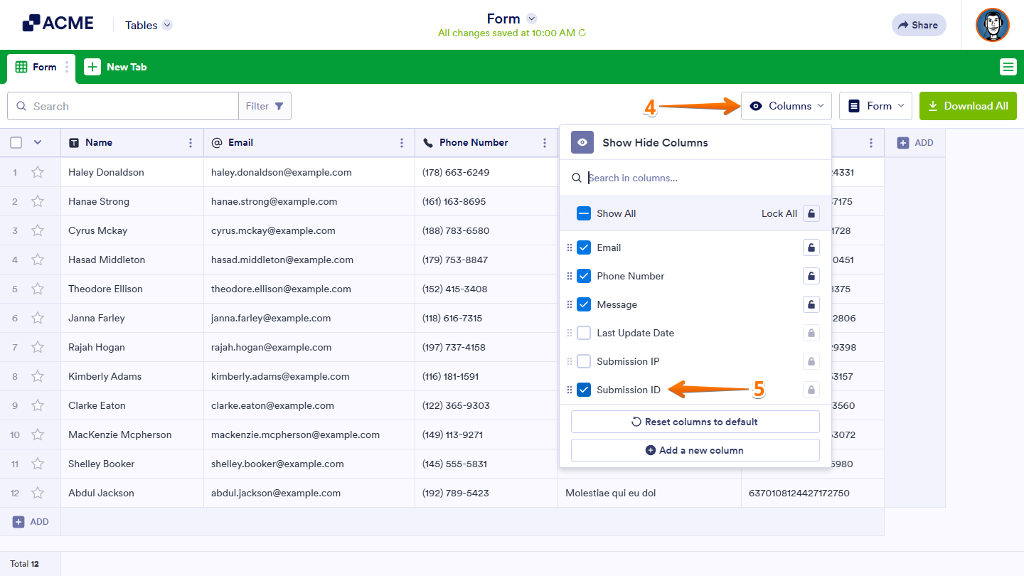 Submission ID under the Columns menu of the Tables