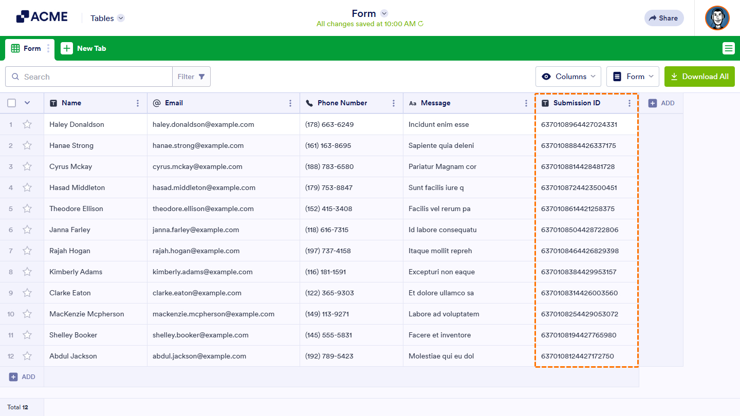 Submission ID column shown in Tables