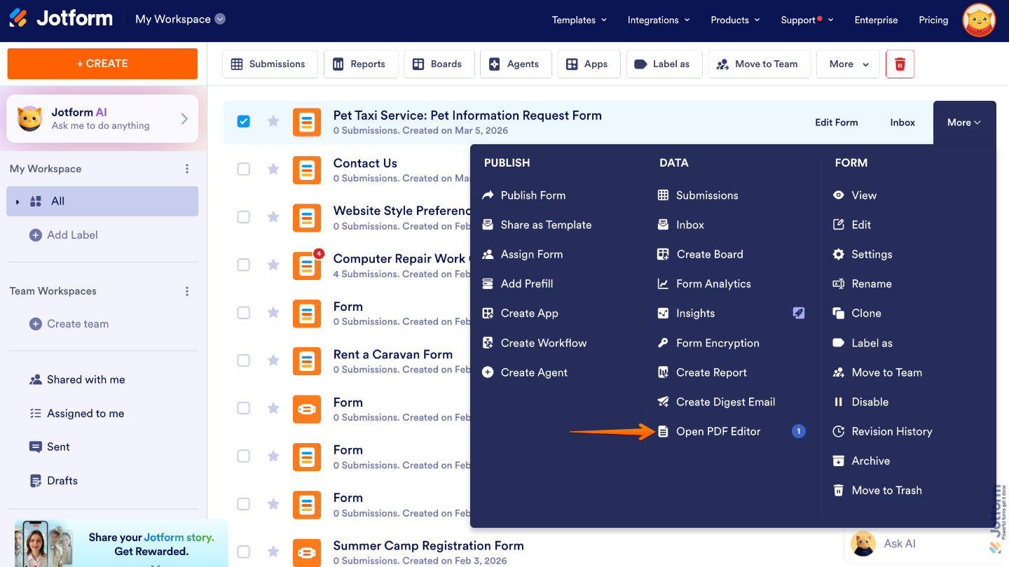 Dashboard showing the Open PDF Editor option after a PDF document has already been created for the form